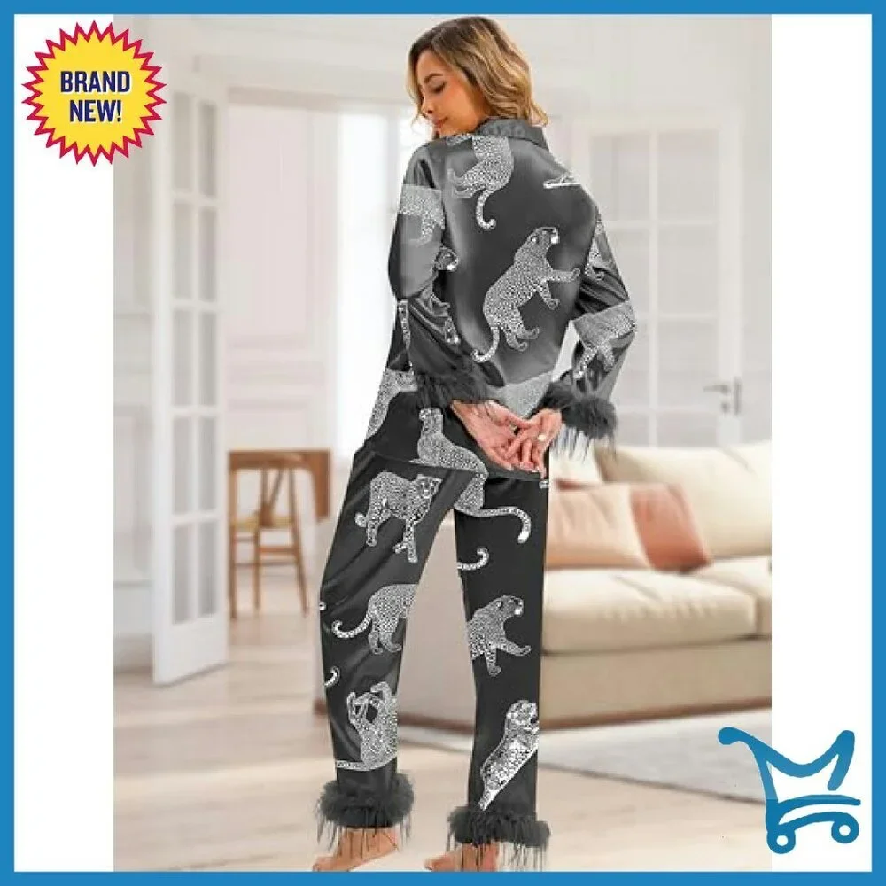Silk Satin Pajama Set with Feather Trim Long Sleeve Pocket Sleepwear